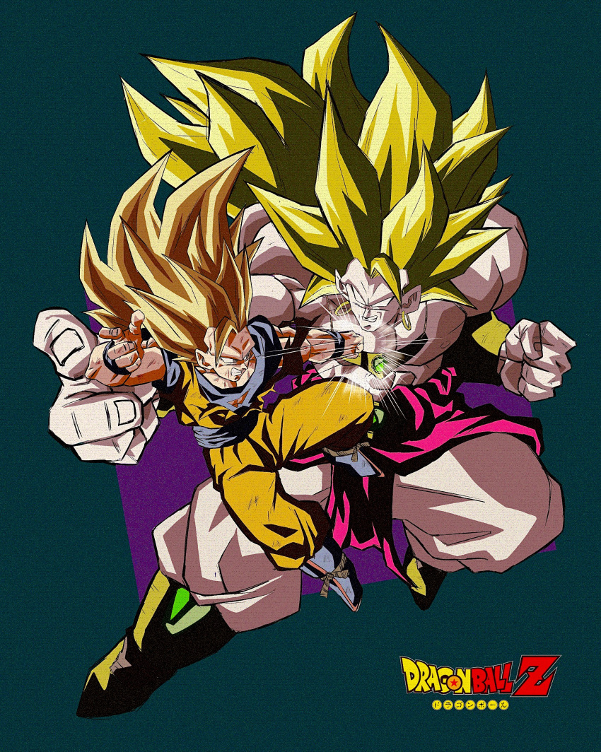 1990s_(style) 2boys abs absurdres battle blonde_hair blue_footwear blue_shirt boots broly_(dragon_ball_z) clenched_teeth copyright_name dougi dragon_ball dragon_ball_z earrings full_body highres hoop_earrings jewelry large_pectorals long_hair male_focus multiple_boys muscular muscular_male necklace no_eyebrows no_pupils oharu2000 pants pectorals punching retro_artstyle sash shirt short_sleeves simple_background size_difference son_goku spiky_hair super_saiyan super_saiyan_3 teeth topless_male toriyama_akira_(style) torn_cloth white_pants wristband