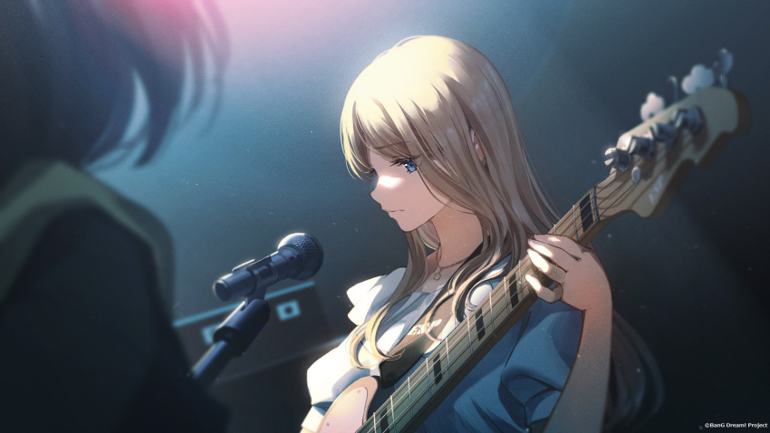 2girls bang_dream! bang_dream!_it's_mygo!!!!! blue_eyes blurry brown_hair champi closed_mouth commentary_request depth_of_field film_grain guest_art highres holding holding_instrument instrument jewelry light_particles long_hair microphone multiple_girls music nagasaki_soyo necklace official_art playing_instrument puffy_short_sleeves puffy_sleeves second-party_source short_hair short_sleeves sidelocks solo_focus takamatsu_tomori upper_body
