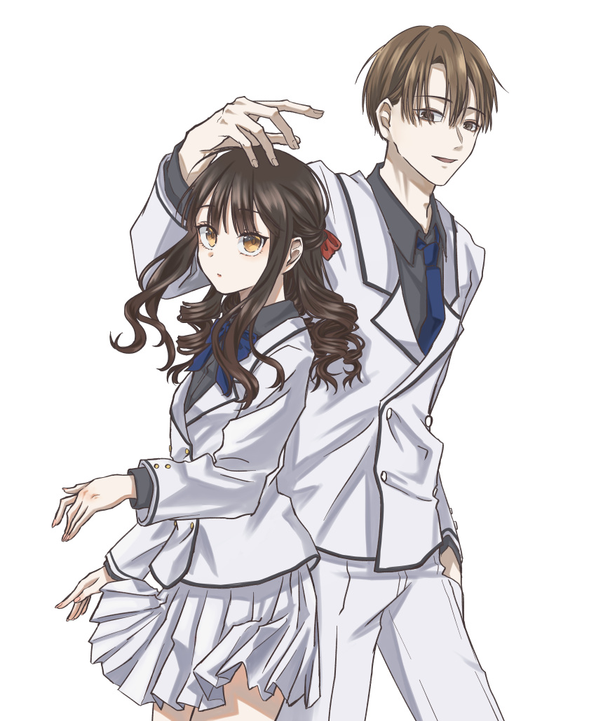 1boy 1girl absurdres blazer blue_bow blue_bowtie blue_necktie bow bowtie brown_eyes brown_hair buttons curly_hair double-breasted enjou_shuusuke grey_shirt hair_tie hand_in_pocket hand_on_another's_head highres jacket kenkyo_kenjitsu_wo_motto_ni_ikite_orimasu kisshouin_reika light_smile looking_at_another looking_at_viewer necktie pants pleated_skirt red_tie shirt simple_background skirt uma_(zoe-182420) white_background white_jacket white_pants white_skirt
