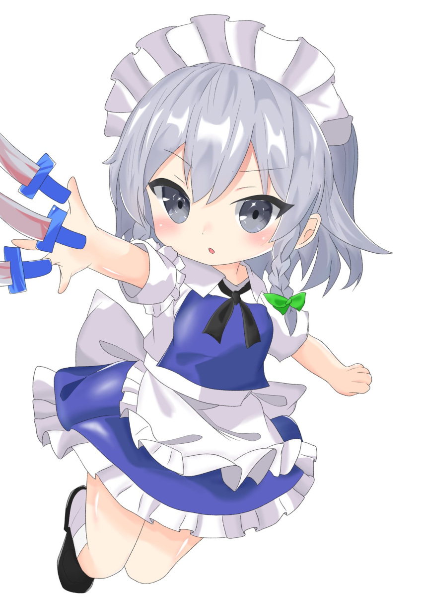 1girl apron black_ribbon blue_skirt blush bow braid chibi commentary_request double-parted_bangs feet_up frilled_apron frilled_skirt frills green_bow grey_eyes grey_hair hair_between_eyes hair_bow highres izayoi_sakuya knife kurapi_pref looking_at_viewer maid maid_apron maid_headdress medium_hair neck_ribbon open_mouth outstretched_arms ribbon shirt short_sleeves simple_background single_braid skirt solo touhou white_apron white_background white_shirt