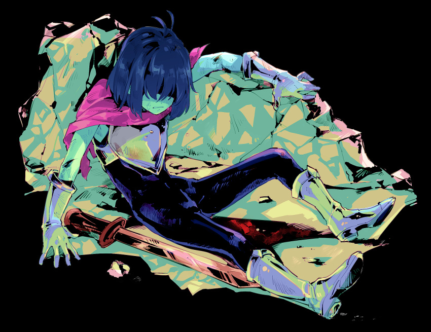 1other androgynous antenna_hair arm_rest armor black_background black_bodysuit blue_hair blue_skin bodysuit bodysuit_under_clothes breastplate bruise bruise_on_face cape colored_skin covered_eyes crack cuts deltarune from_above full_body gauntlets greaves hatching_(texture) injury kris_(deltarune) omomomizu other_focus pink_cape rock shaded_face short_hair sitting solo sweat sword weapon