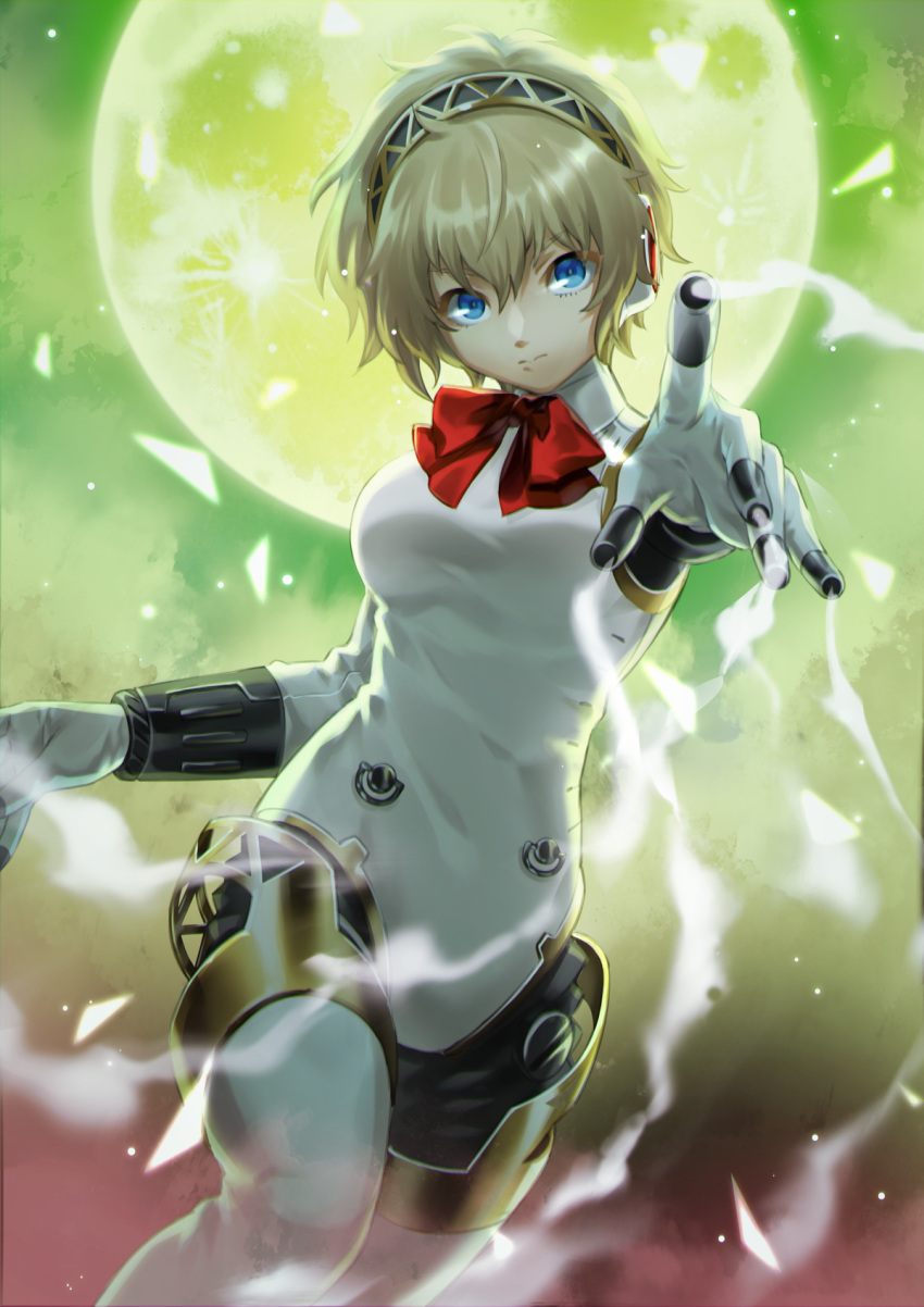 1girl aegis_(persona) backlighting black_hairband blonde_hair blue_eyes bow breasts closed_mouth commentary cowboy_shot expressionless fighting_stance full_body green_moon green_sky hair_between_eyes hairband highres index_finger_raised joints looking_at_viewer mechanical_arms medium_breasts moon night persona persona_3 pointing pointing_at_viewer red_bow robot_girl robot_joints short_hair smoke solo split_mouth v-shaped_eyebrows yono_999