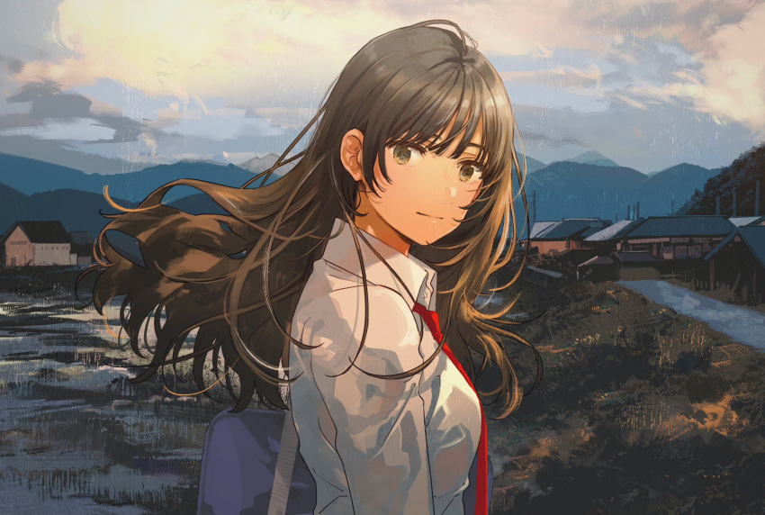 1girl bag black_hair blue_bag breasts brown_eyes closed_mouth collared_shirt day dress_shirt fly_(marguerite) highres house long_hair looking_at_viewer medium_breasts mountainous_horizon necktie original outdoors rain red_necktie school_bag school_uniform shirt sky solo upper_body white_shirt