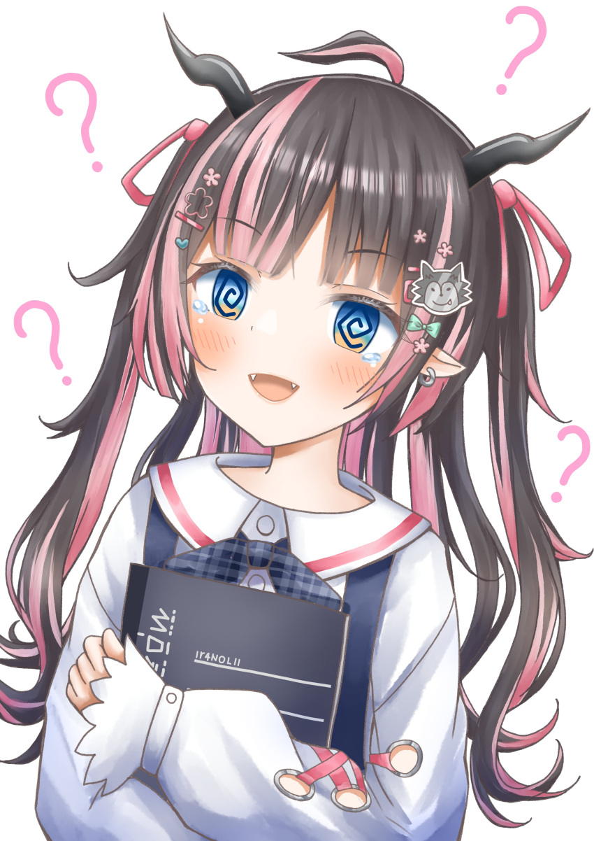 1girl ? @_@ absurdres ahoge black_hair blue_bow blue_bowtie blue_eyes blunt_bangs blush bow bowtie cola_(250ml_cola) commentary_request confused demon_girl demon_horns earrings fangs flower grey_horns hair_flower hair_ornament hair_ribbon highres horns jewelry long_hair looking_at_viewer medium_bangs multicolored_hair nanashi_inc. oinomori_may oinomori_may_(2nd_costume) open_mouth pink_flower pink_hair pink_ribbon plaid plaid_bow plaid_bowtie pointy_ears ribbon shirt simple_background smile solo suspenders tearing_up two-tone_hair two_side_up upper_body virtual_youtuber white_background white_shirt