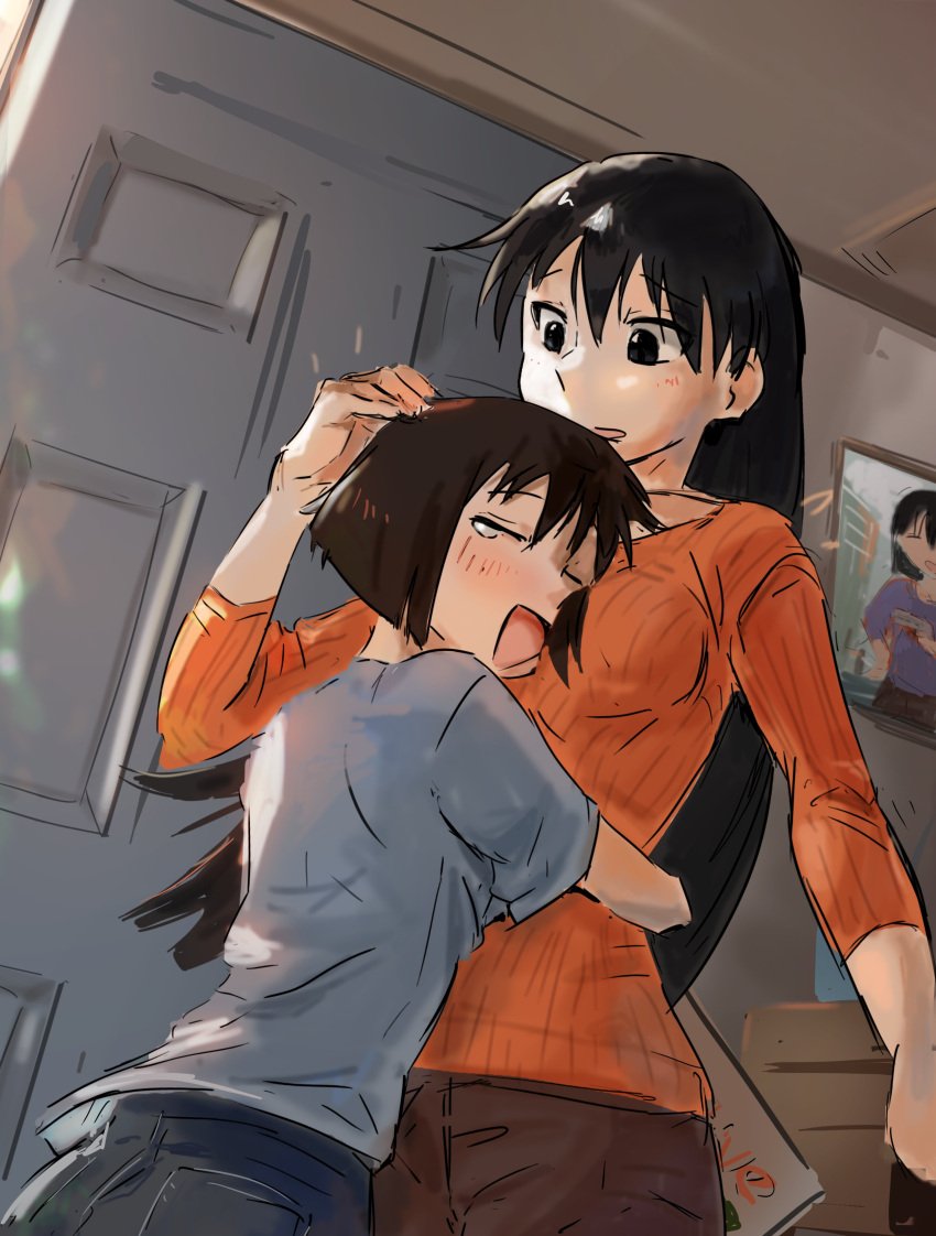 2girls :d absurdres arms_around_waist azumanga_daioh black_hair blue_pants blunt_ends blush bob_cut breasts brown_hair brown_pants casual closed_eyes commentary cuddling denim door dutch_angle english_commentary grey_shirt hair_between_eyes hand_on_another's_chest hand_on_another's_head height_difference highres hug indoors inverted_bob jeans kaori_(azumanga_daioh) liamickpie long_hair long_sleeves looking_at_another looking_down medium_breasts multiple_girls open_mouth orange_sweater pants parted_lips raised_eyebrows ribbed_sweater sakaki_(azumanga_daioh) shirt short_sleeves sketch smile sweater t-shirt tearing_up upper_body very_long_hair yuri