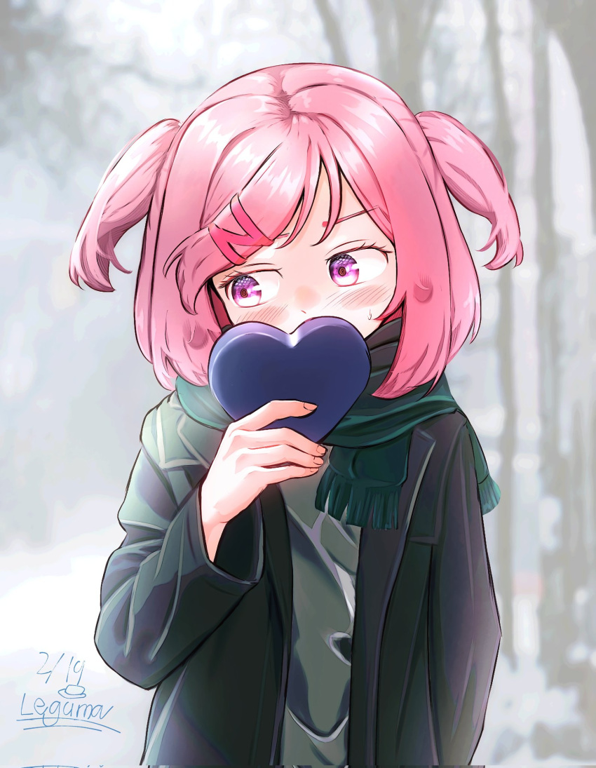 1girl artist_name averting_eyes blush box box_of_chocolates breasts chocolate coat covering_own_mouth dated doki_doki_literature_club eyelashes food furrowed_brow green_coat green_scarf green_sweater hair_ribbon head_tilt heart-shaped_box highres holding holding_box holding_chocolate holding_food incoming_gift leguma looking_to_the_side natsuki_(doki_doki_literature_club) nervous outdoors pink_eyes pink_hair pink_ribbon ribbon scarf short_hair signature small_breasts solo standing sweatdrop sweater swept_bangs tree two_side_up upper_body valentine winter winter_clothes