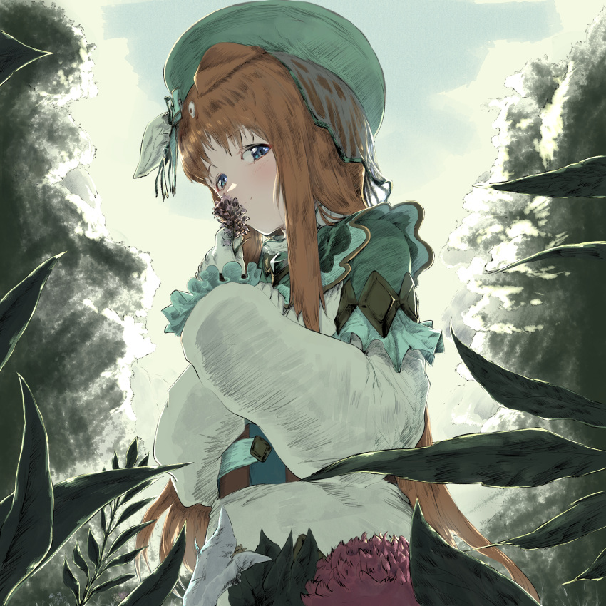 1girl absurdres akan_obi animal_ears beret blue_eyes brown_hair capelet closed_mouth commentary_request dress ear_covers flower gloves grass_wonder_(saint_jade_healer)_(umamusume) grass_wonder_(umamusume) green_capelet green_headwear hat highres holding holding_flower horse_ears light_blush long_hair long_sleeves looking_at_viewer meadow official_alternate_costume outdoors sideways_glance single_ear_cover smelling_flower smile solo straight_hair umamusume veil white_dress white_gloves