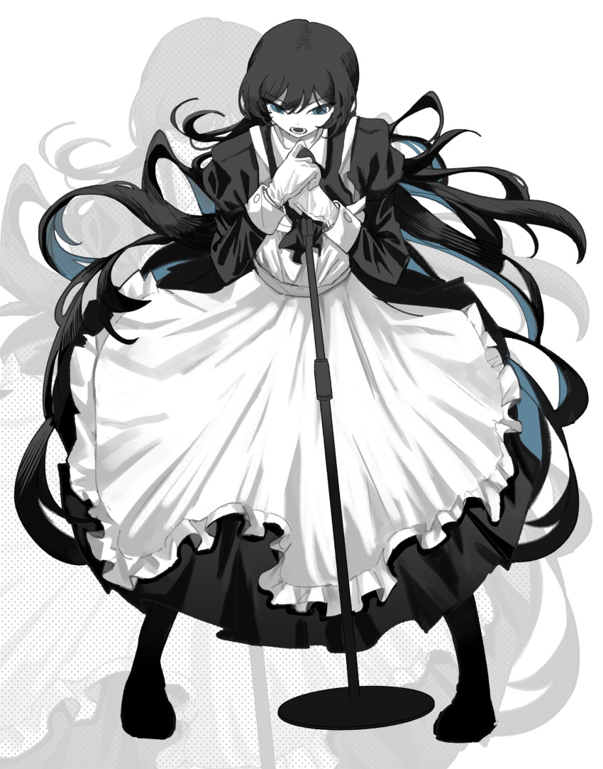 1girl absurdres ado_(utaite) alternate_costume apron black_bow black_bowtie black_dress black_footwear black_hair blue_eyes blue_flower blue_hair blue_rose bow bowtie chando_(ado) cloud_nine_inc colored_inner_hair dress enmaided flower flower_brooch full_body gloves hair_spread_out highres holding holding_microphone_stand juliet_sleeves long_hair long_sleeves looking_at_viewer maid microphone_stand mole mole_under_eye multicolored_hair parted_lips phossscinnn puffy_sleeves rose sidelocks solo standing two-tone_hair utaite very_long_hair white_apron white_gloves zoom_layer