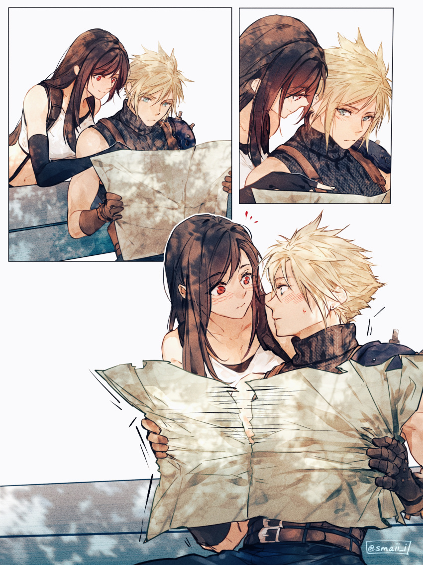 1boy 1girl absurdres armor bare_shoulders belt belt_buckle bench black_gloves black_hair blonde_hair blue_eyes blush brown_gloves buckle closed_mouth cloud_strife collarbone commentary couple crop_top elbow_gloves final_fantasy final_fantasy_vii final_fantasy_vii_rebirth final_fantasy_vii_remake gloves highres holding holding_map long_hair looking_at_another maiii_(smaii_i) map midriff multiple_belts navel red_eyes short_hair shoulder_armor simple_background single_bare_shoulder single_sidelock sitting sleeveless sleeveless_turtleneck spiky_hair suspenders sweatdrop sweater swept_bangs symbol-only_commentary tank_top tifa_lockhart turtleneck turtleneck_sweater twitter_username upper_body white_tank_top
