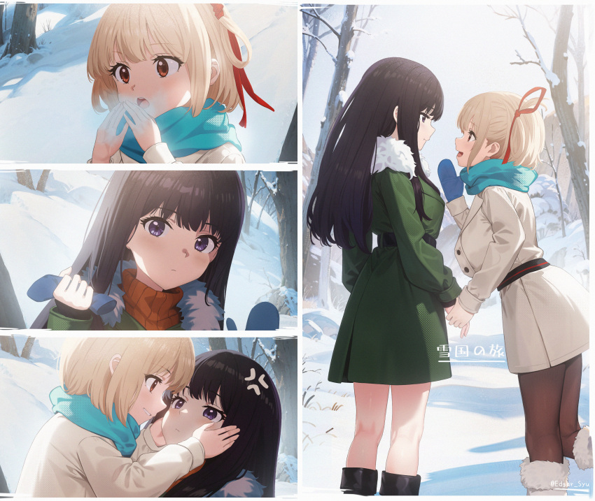 2girls absurdres anger_vein belt black_belt black_footwear black_hair black_pantyhose blonde_hair blue_mittens blue_scarf boots breath closed_mouth coat commentary_request edgar_syu eye_contact film_grain fur-trimmed_boots fur_trim green_coat hair_ribbon hands_on_another's_cheeks hands_on_another's_face highres holding_hands inoue_takina long_hair long_sleeves looking_at_another lycoris_recoil mittens multiple_girls nishikigi_chisato one_side_up open_mouth outdoors pantyhose pout red_eyes red_ribbon ribbon scarf sidelocks snow translation_request violet_eyes white_coat yuri