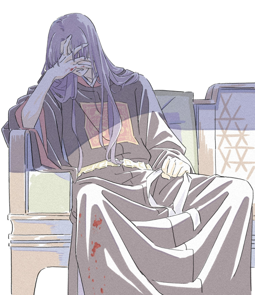 1boy black_robe blood blood_on_clothes blood_on_hands chinese_clothes covering_face dangomochi2 highres jinshi_(kusuriya_no_hitorigoto) kusuriya_no_hitorigoto long_hair long_sleeves parted_lips pillow purple_hair robe simple_background sitting solo spoilers white_background wide_sleeves