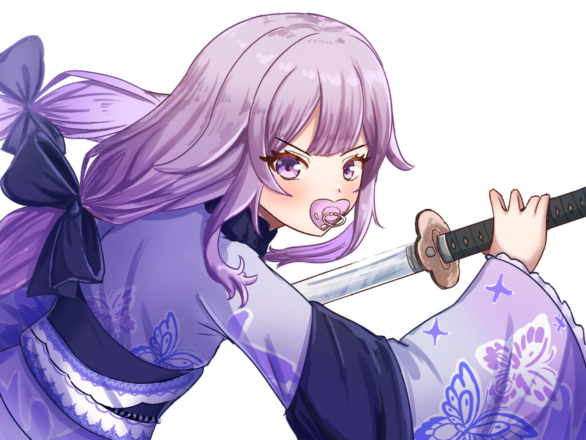 1girl black_bow black_sash blush bow floral_print_kimono gradient_hair grey_hair hair_bow hair_flaps highres holding holding_sword holding_weapon hololive hololive_english japanese_clothes kimono koseki_bijou koseki_bijou_(new_year) long_hair looking_at_viewer low_twintails multicolored_hair official_alternate_costume pacifier purple_hair purple_kimono sash sharkudon sword twintails very_long_hair violet_eyes virtual_youtuber weapon
