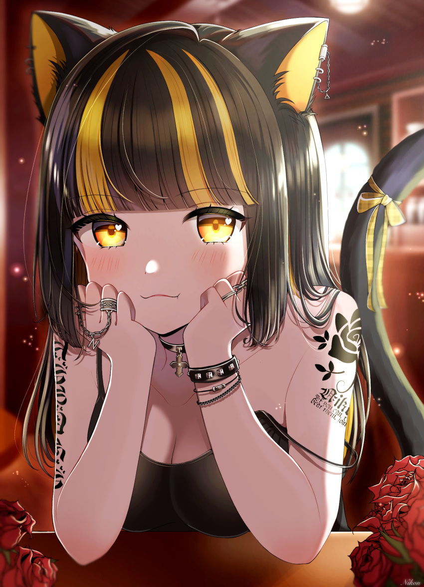 1girl animal_ears arm_tattoo cat_ears cat_girl cat_tail earrings highres jewelry looking_at_viewer multicolored_hair nikon_(user_aznh7528) original piercing shoulder_tattoo streaked_hair tail tattoo