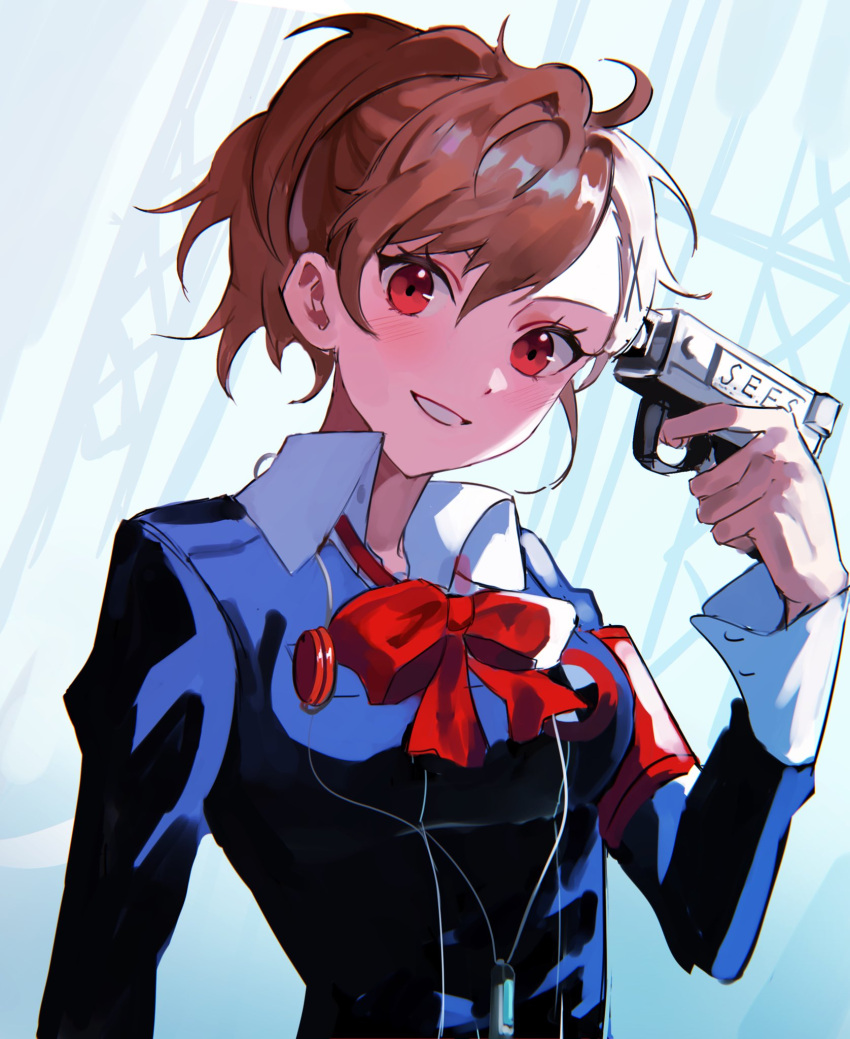 1girl arm_at_side armband black_jacket blush bow breasts brown_hair collared_shirt commentary evoker eyelashes gekkoukan_high_school_uniform grin gun gun_to_head hair_between_eyes hand_up highres holding holding_gun holding_weapon jacket joowon_(jju_oon) korean_commentary long_sleeves looking_at_viewer medium_breasts persona persona_3 persona_3_portable red_armband red_bow red_eyes school_uniform shiomi_kotone shirt short_hair short_ponytail sidelighting simple_background smile solo tsurime upper_body weapon white_shirt