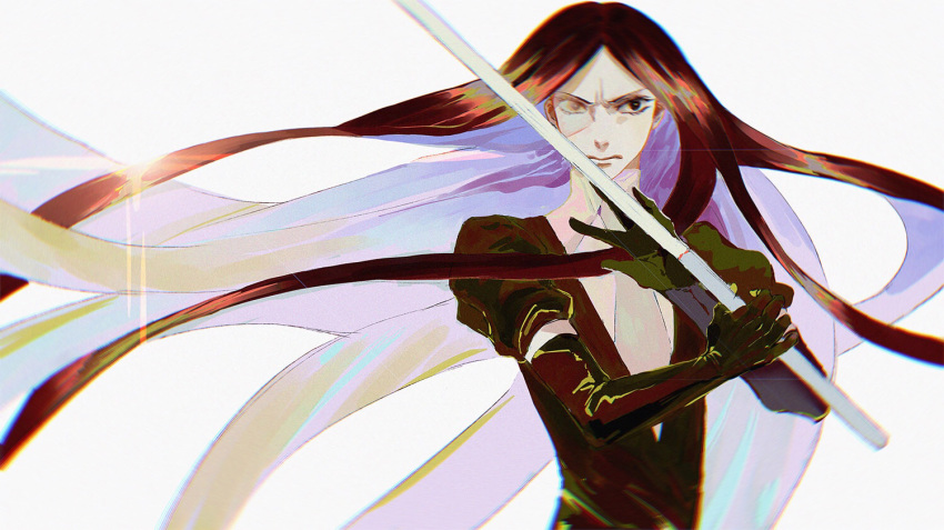 1other angry black_gloves blush bort brown_hair captian colored_inner_hair commentary elbow_gloves frown furrowed_brow gem_uniform_(houseki_no_kuni) glint gloves hands_up holding holding_sword holding_weapon houseki_no_kuni long_hair looking_at_viewer multicolored_hair other_focus painting_(medium) parted_bangs purple_hair simple_background solo straight_hair sword traditional_media upper_body very_long_hair watercolor_(medium) weapon white_background