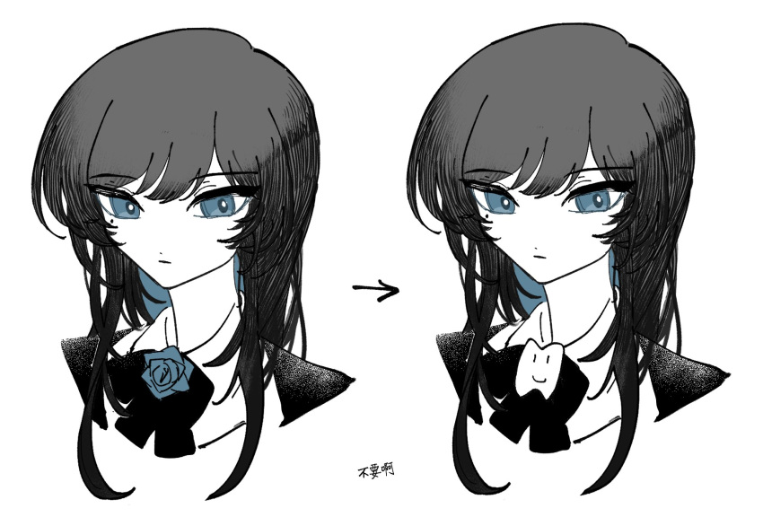 1girl ado_(utaite) before_and_after black_bow black_bowtie black_hair blue_hair bow bowtie chando_(ado) chinese_commentary chinese_text closed_mouth cloud_nine_inc colored_inner_hair commentary_request cropped_torso flower_brooch highres long_hair mole mole_under_eye multicolored_hair multiple_views phossscinnn simple_background translation_request two-tone_hair upper_body utaite white_background