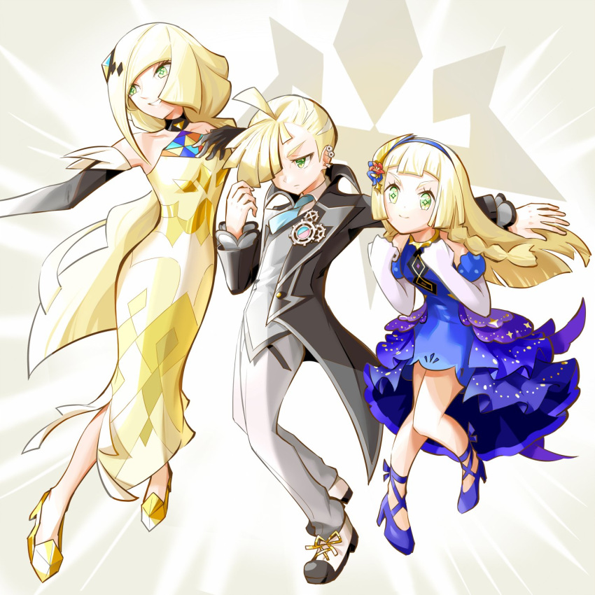 1boy 2girls ahoge blonde_hair blue_dress blue_hairband clenched_hands closed_mouth collared_shirt commentary_request dress elbow_gloves ffccll gladion_(pokemon) gladion_(sygna_suit)_(pokemon) gloves green_eyes hairband high_heels highres knees_together_feet_apart lillie_(anniversary_2021)_(pokemon) lillie_(pokemon) long_hair lusamine_(pokemon) lusamine_(sygna_suit)_(pokemon) multiple_girls necktie official_alternate_costume pants pokemon pokemon_masters_ex shirt shoes short_hair sleeveless sleeveless_dress smile vest white_gloves yellow_dress yellow_footwear