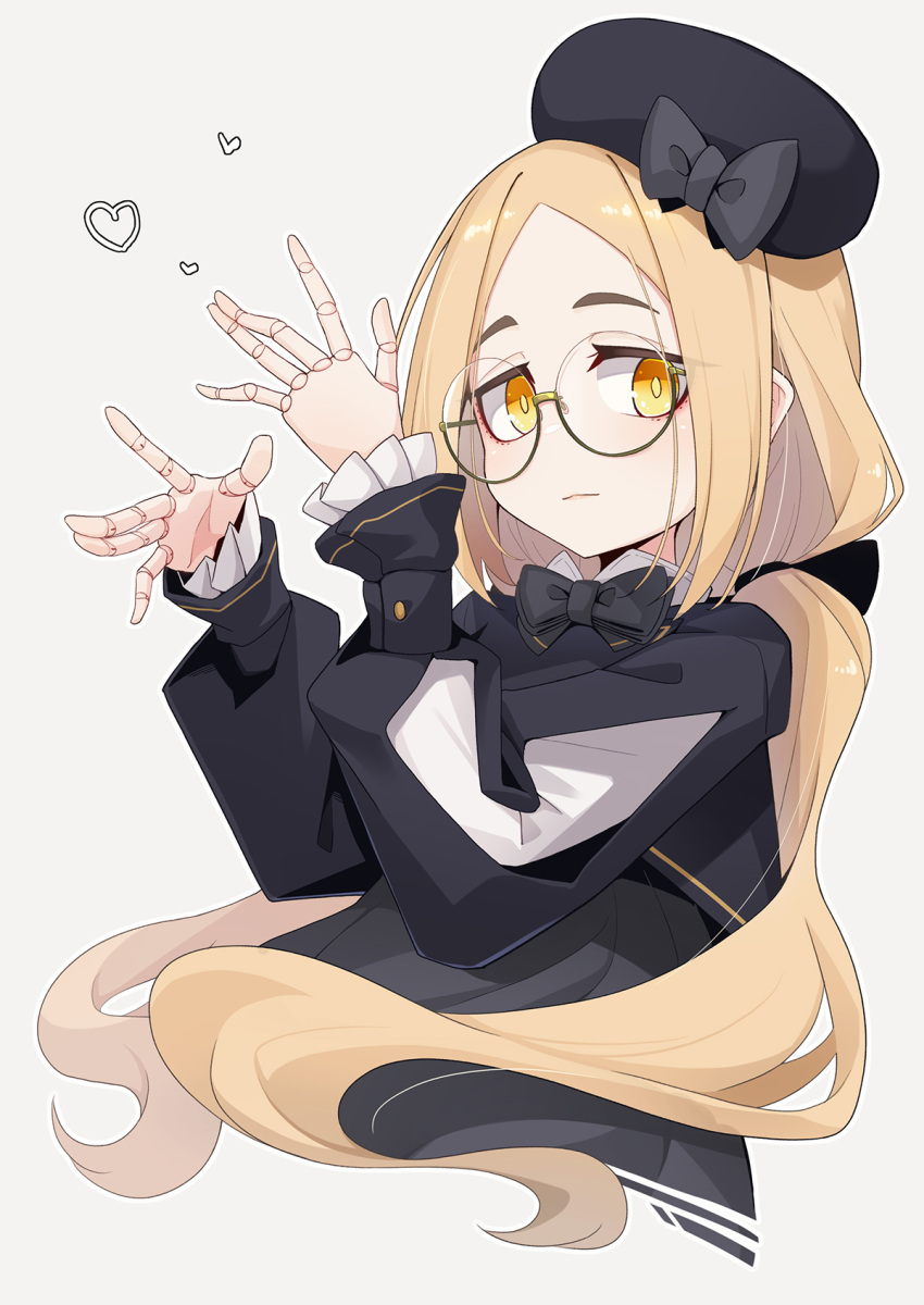 1girl beret black_bow black_headwear blonde_hair bow closed_mouth commentary_request cropped_torso doll_joints forehead frilled_sleeves frills glasses green-framed_eyewear grey_background hat hat_bow heart highres iberis_(ogami_kazuki) joints long_hair long_sleeves looking_at_viewer low_twintails ogami_kazuki orange_eyes original parted_bangs pointy_ears puffy_long_sleeves puffy_sleeves round_eyewear semi-rimless_eyewear simple_background sleeves_past_wrists solo thick_eyebrows twintails under-rim_eyewear upper_body very_long_hair
