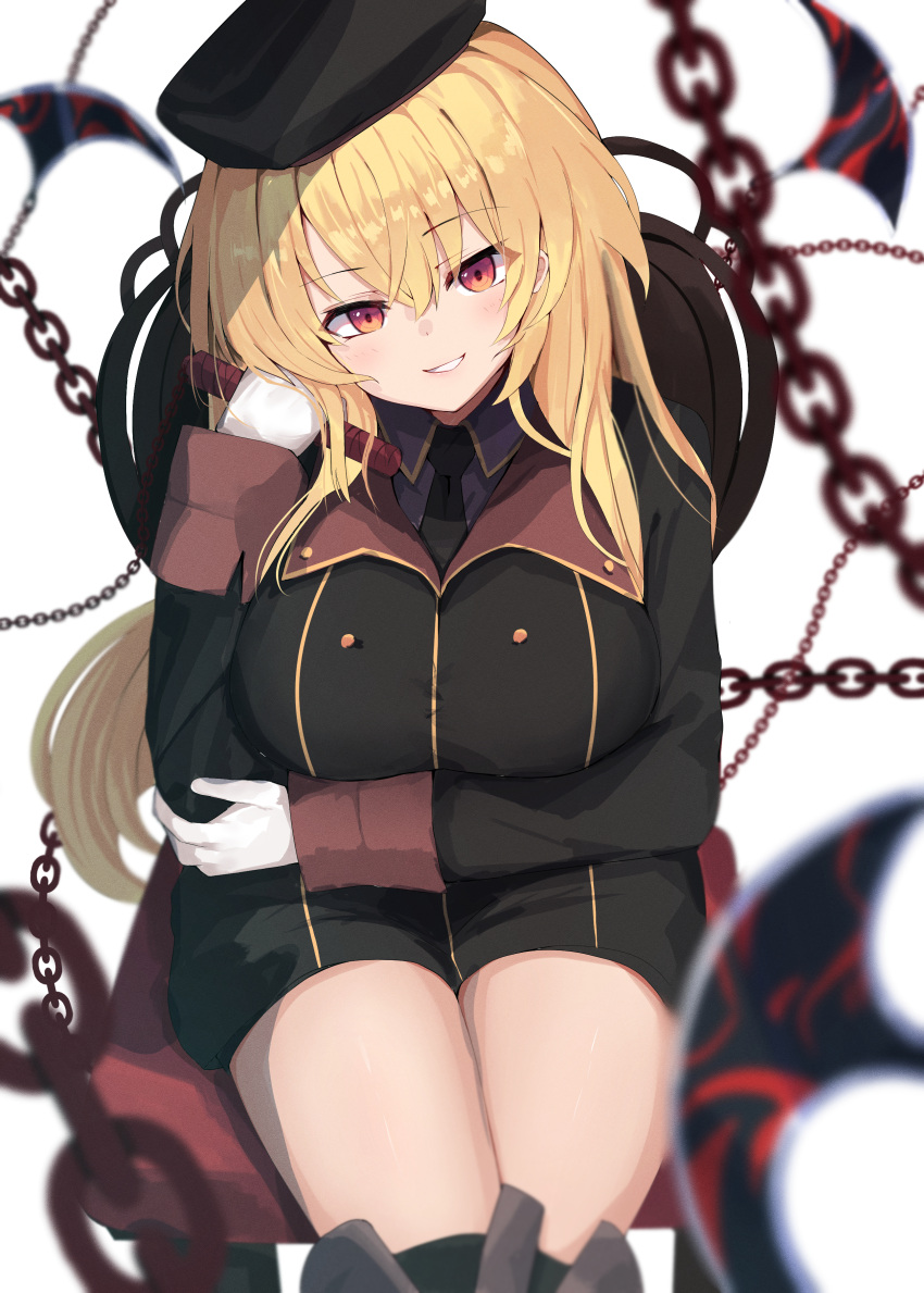1girl absurdres black_necktie black_thighhighs blonde_hair blurry blush boots breasts buttons chain chair depth_of_field double-breasted elbow_rest gloves hair_between_eyes hand_on_own_cheek hand_on_own_face head_on_hand hebijo_academy_uniform highres large_breasts long_hair looking_at_viewer necktie nodoameyatou red_eyes school_uniform senran_kagura senran_kagura_new_link senran_kagura_new_wave simple_background sitting smile smirk solo souji_(senran_kagura) spiked_chain thigh-highs thigh_boots thighs white_background white_gloves