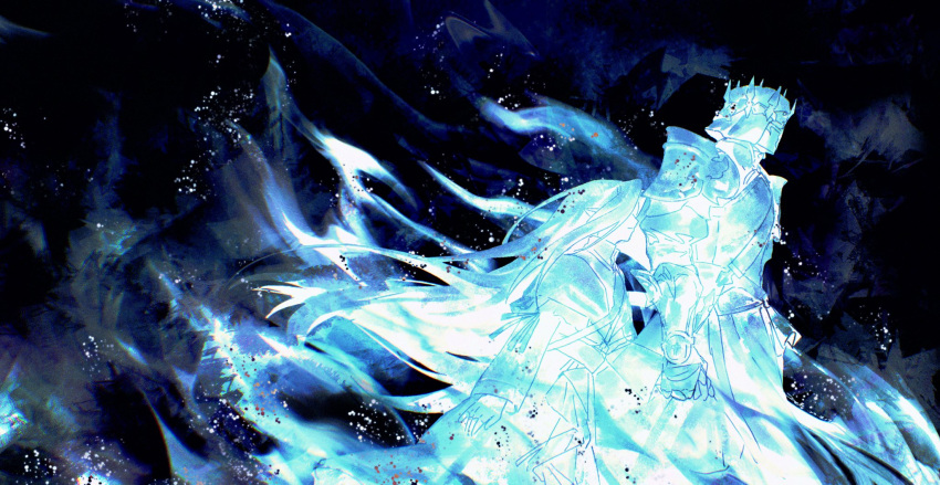 1boy 1other abstract_background ambiguous_gender arm_at_side armor blue_capelet blue_hair blue_theme breastplate capelet colored_skin covered_eyes cowboy_shot dark_knight_(final_fantasy) dele14375735 elezen elf final_fantasy final_fantasy_xiv fray_myste from_side full_armor gauntlets helm helmet highres long_hair myste_(ff14) pauldrons pointy_ears shoulder_armor side-by-side white_skin