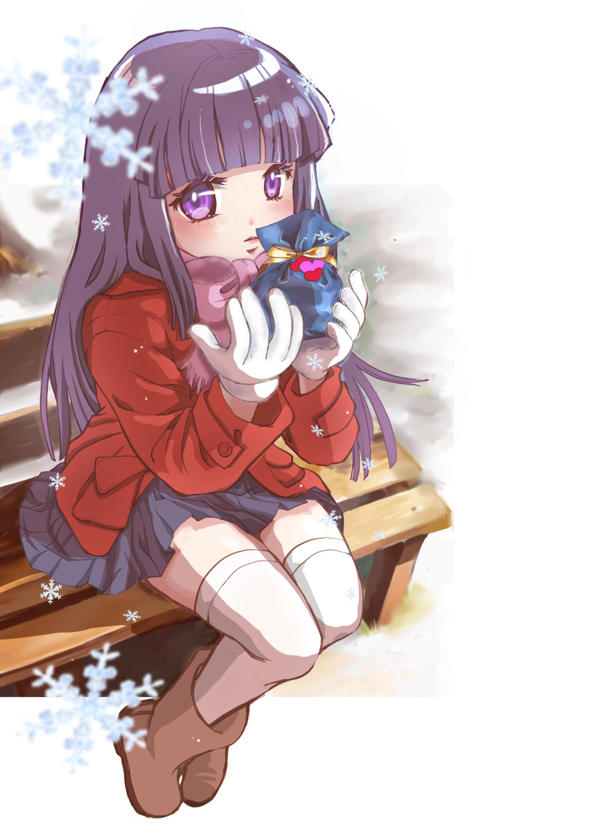 1girl absurdres bench blue_skirt blunt_bangs blush boots bow coat eyelashes furude_rika gift gloves highres higurashi_no_naku_koro_ni hime_cut holding holding_gift long_hair looking_at_viewer parted_lips pink_bow pleated_skirt purple_hair red_coat scarf shirt sirase_souya sitting skirt snowflakes snowing solo thigh-highs valentine violet_eyes white_gloves white_thighhighs winter zettai_ryouiki
