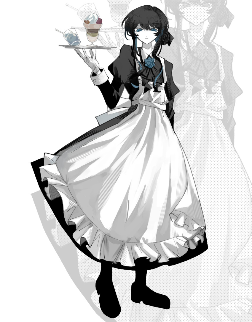 1girl absurdres ado_(utaite) alternate_costume apron black_bow black_bowtie black_dress black_footwear black_hair blue_eyes blue_flower blue_hair blue_rose bow bowtie chando_(ado) cloud_nine_inc colored_inner_hair cup dress enmaided flower flower_brooch full_body gloves highres holding holding_tray juliet_sleeves long_sleeves looking_at_viewer maid mole mole_under_eye multicolored_hair parfait parted_lips phossscinnn puffy_sleeves rose sidelocks solo standing tray two-tone_hair utaite white_apron white_gloves zoom_layer