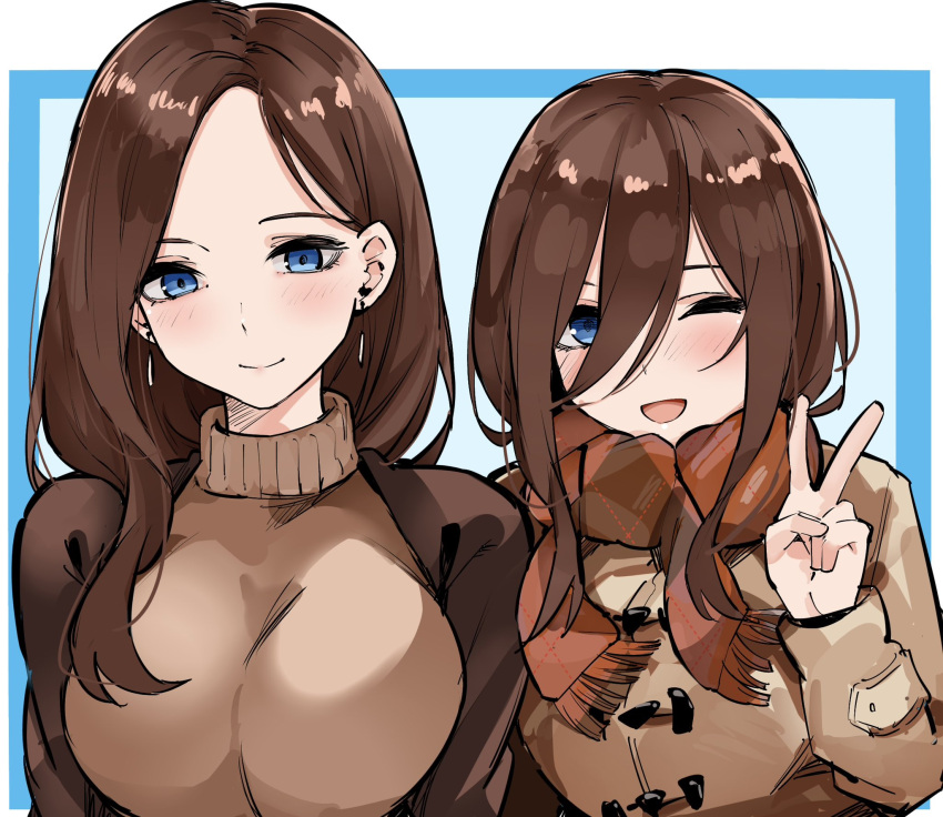 2girls aged_up before_and_after blue_eyes breasts brown_hair commentary earrings go-toubun_no_hanayome highres jewelry large_breasts long_hair mame1645 multiple_girls nakano_miku one_eye_closed open_mouth scarf smile turtleneck v