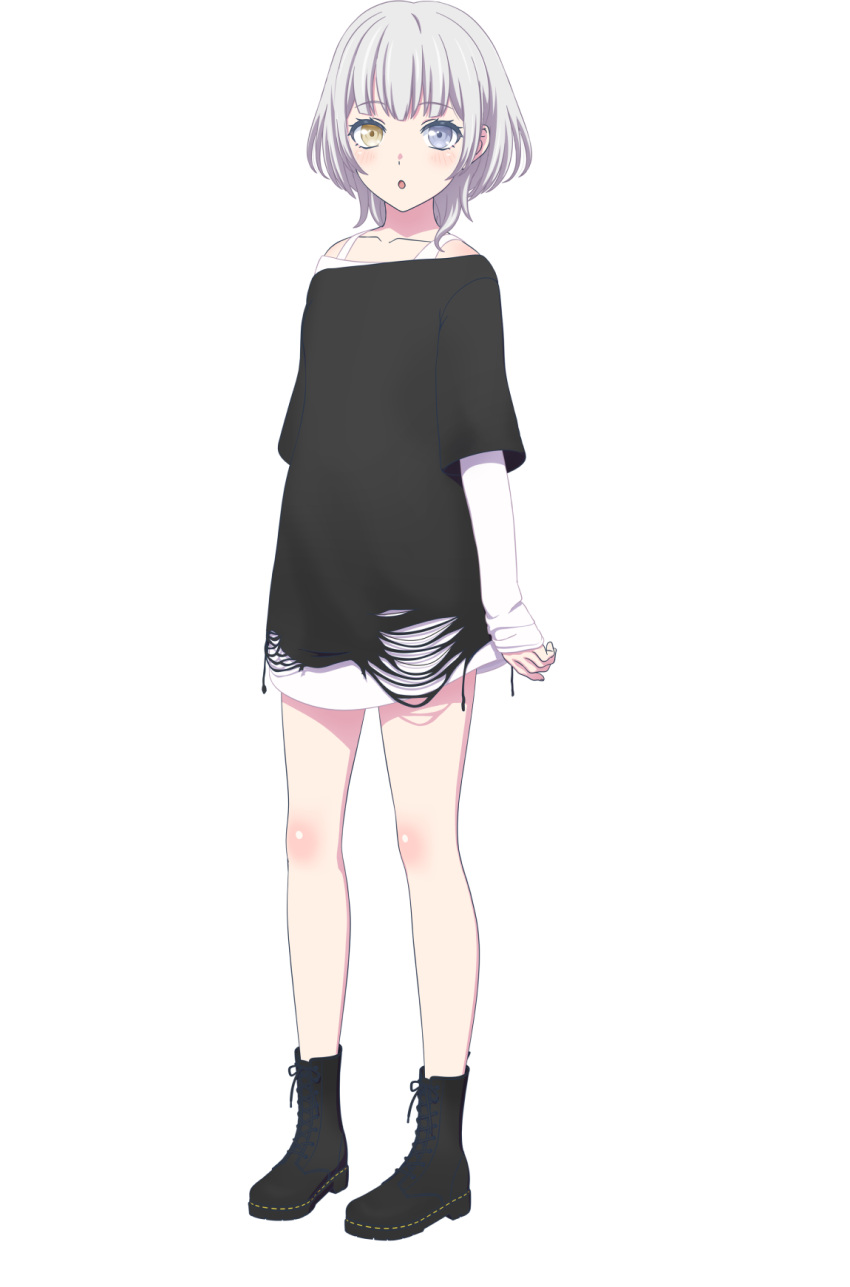 1girl :o bang_dream! bang_dream!_it's_mygo!!!!! bare_legs black_footwear black_shirt blush boots collarbone full_body grey_eyes heterochromia highres kaname_raana layered_sleeves long_sleeves looking_at_viewer off_shoulder official_art open_mouth shirt short_hair short_over_long_sleeves short_sleeves simple_background sleeves_past_wrists solo tachi-e transparent_background white_hair white_shirt yellow_eyes