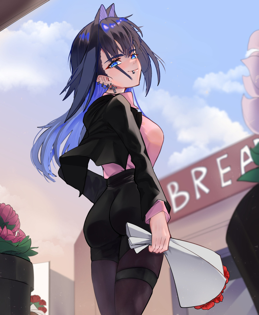 1girl absurdres alternate_costume ass black_jacket blue_eyes blue_hair breasts cross cross_earrings day earrings english_commentary flower gift hair_between_eyes hair_intakes happy_valentine high_heels highres hololive hololive_english jacket jewelry koizumi_arata large_breasts lip_ring long_hair long_sleeves looking_at_viewer looking_back ouro_kronii pantyhose red_flower red_rose rose skirt solo valentine virtual_youtuber