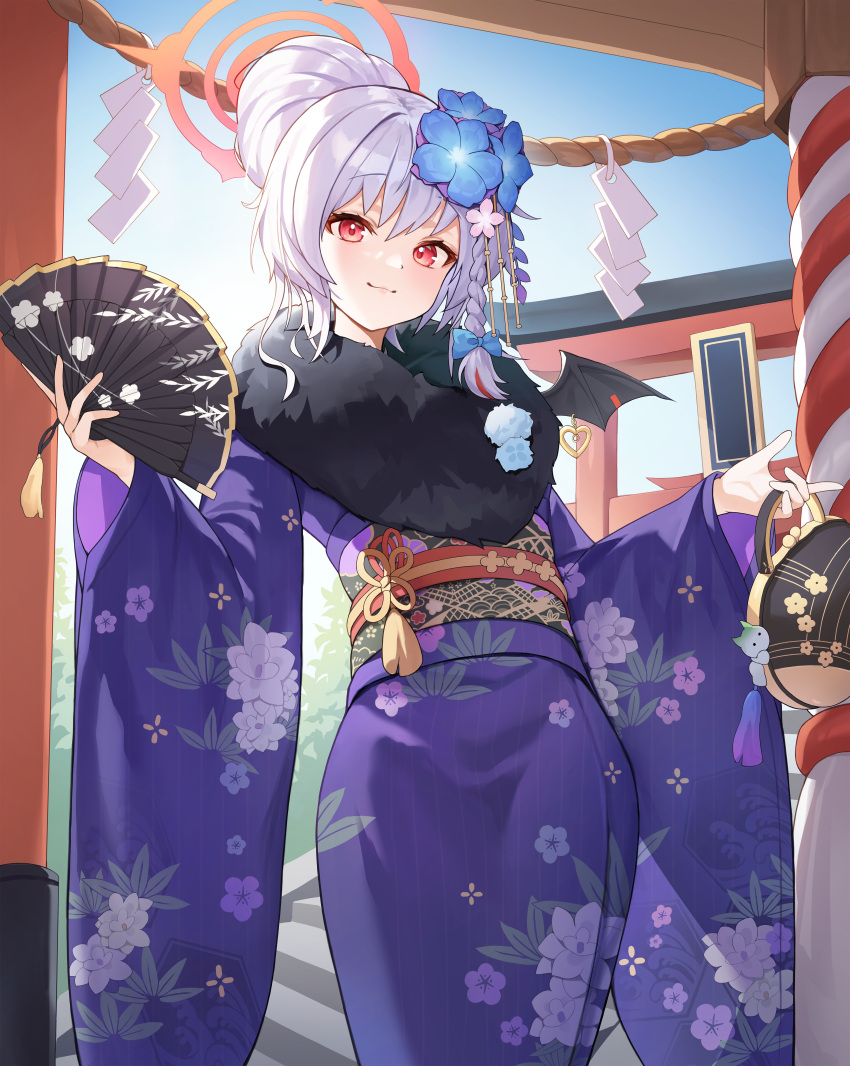 1girl absurdres black_wings blue_archive blue_flower blue_kimono closed_mouth demon_wings esseppd fake_wings flower folding_fan fur-trimmed_kimono fur_trim hair_flower hair_ornament halo hand_fan haruna_(blue_archive) haruna_(new_year)_(blue_archive) highres holding holding_fan japanese_clothes kimono kouhaku_nawa long_hair long_sleeves looking_at_viewer obi pink_halo red_eyes rope sash shimenawa single_wing smile solo torii white_hair wide_sleeves wings
