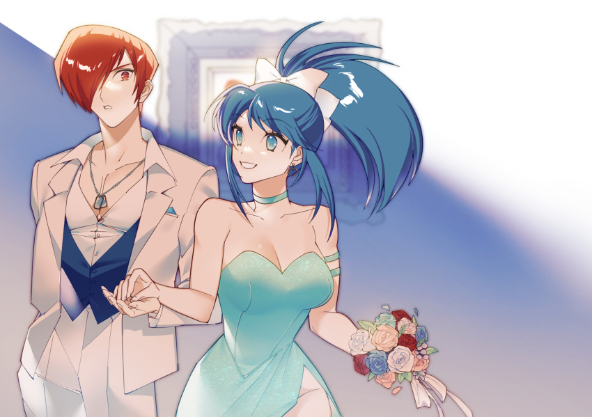1boy 1girl blue_hair bouquet choker collar couple dress earrings heart heart_earrings highres holding_hands jacket jewelry leona_heidern light_blue_dress one_eye_closed otoseto pants ponytail red_eyes redhead ribbon smile snk_heroines:_tag_team_frenzy suit the_king_of_fighters vest white_jacket white_pants white_ribbon yagami_iori