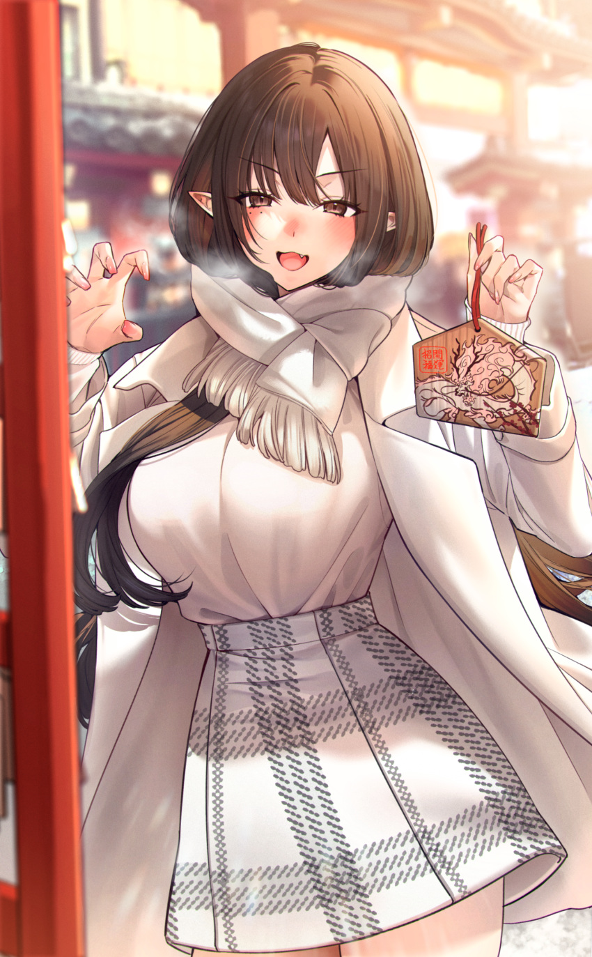 1girl absurdres breasts brown_eyes brown_hair claw_pose coat enpera fang fingernails hands_up highres large_breasts long_hair long_sleeves looking_at_viewer mole mole_under_eye omamori open_clothes open_coat open_mouth original pleated_skirt pointy_ears scarf shrine sino42 skirt smile solo sweater torii upper_body v-shaped_eyebrows white_coat white_scarf white_skirt white_sweater