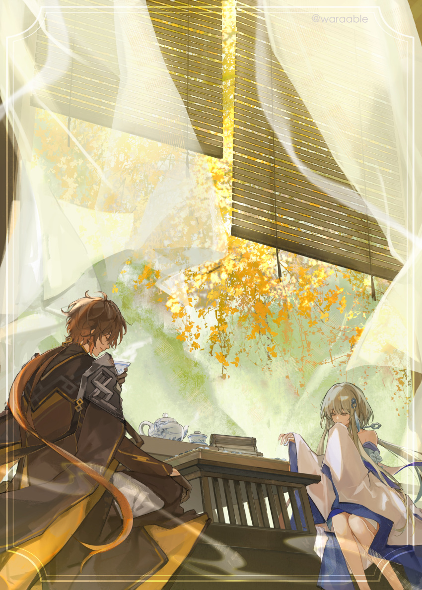 1boy 1girl absurdres bamboo_scroll bare_shoulders blue_eyes board_game brown_hair chinese_clothes chinese_hairpin cup curtains genshin_impact ginkgo_tree go_(board_game) gradient_hair grey_hair guizhong_(genshin_impact) hair_between_eyes hanfu highres holding holding_cup jacket long_hair long_sleeves multicolored_hair official_alternate_costume ponytail sleeves_past_fingers sleeves_past_wrists teapot warable wide_sleeves zhongli_(genshin_impact)