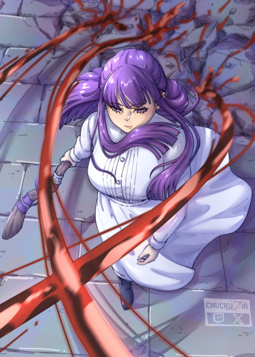 1girl artist_logo black_footwear blood breasts chuckuddin closed_mouth dress expressionless fern_(sousou_no_frieren) floating_hair hemokinesis highres holding holding_staff holding_weapon large_breasts long_hair magic purple_hair sousou_no_frieren staff very_long_hair violet_eyes walking weapon white_dress