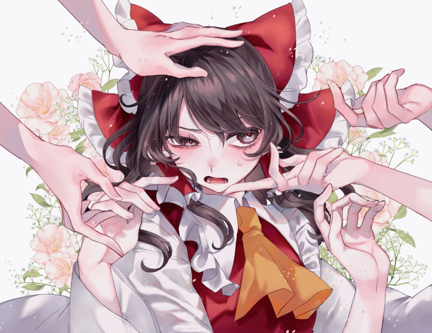 1girl 4others ascot blush bow brown_eyes brown_hair flower hair_bow hair_tubes hakurei_reimu highres japanese_clothes katai_(nekoneko0720) long_hair long_sleeves multiple_others nontraditional_miko open_mouth orange_ascot pink_flower red_bow sidelocks simple_background touhou upper_body white_background wide_sleeves