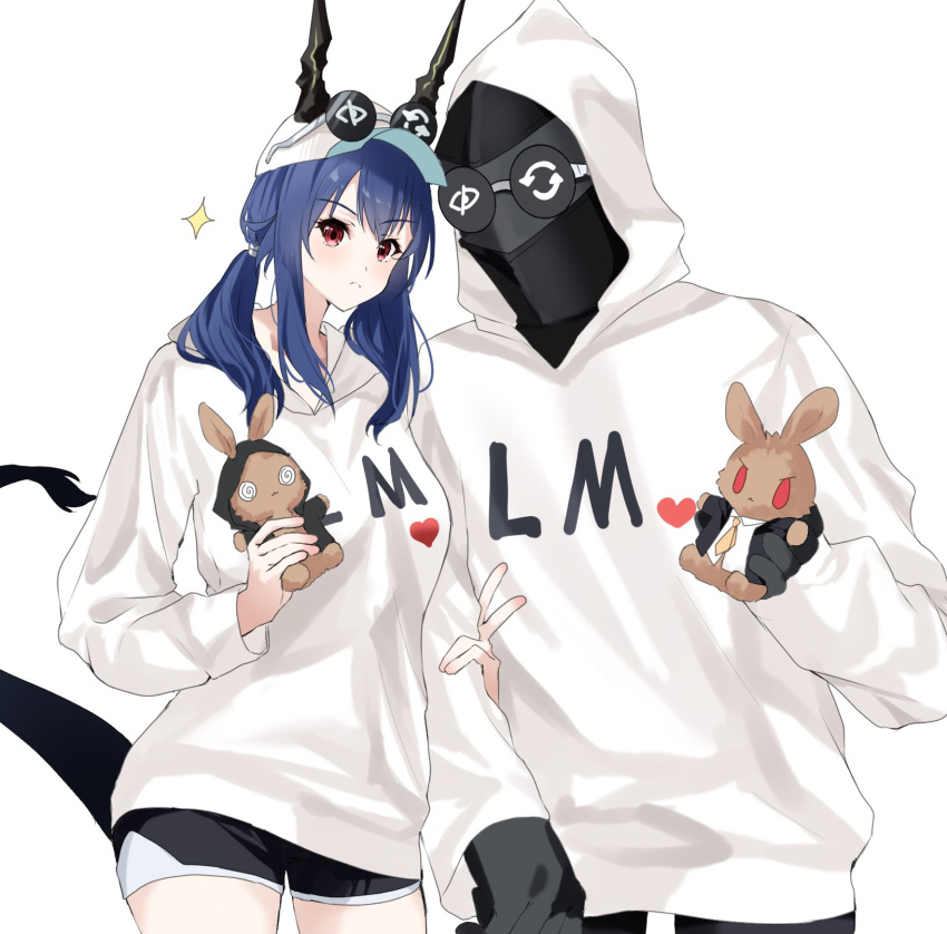 1girl 1other arknights baseball_cap black_gloves black_shorts blue_hair ch'en_(arknights) clothes_writing commentary_request cowboy_shot doctor_(arknights) dragon_tail eyewear_on_headwear gloves hat heart highres holding holding_stuffed_toy hood hoodie lily0428 long_hair looking_at_viewer low_twintails red_eyes short_shorts shorts sidelocks simple_background standing stuffed_animal stuffed_rabbit stuffed_toy sunglasses tail twintails white_background white_headwear white_hoodie
