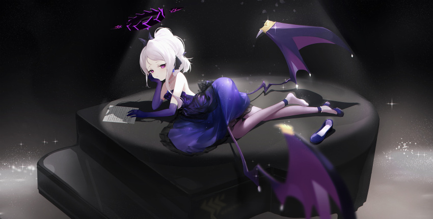 1girl absurdres ankle_strap blue_archive croci demon_wings dress earrings elbow_gloves gloves grand_piano hair_bun halo highres hina_(blue_archive) instrument jewelry lying necklace on_piano piano purple_dress purple_gloves sheet_music shoes single_shoe solo spotlight strapless strapless_dress unworn_shoes violet_eyes white_hair wings