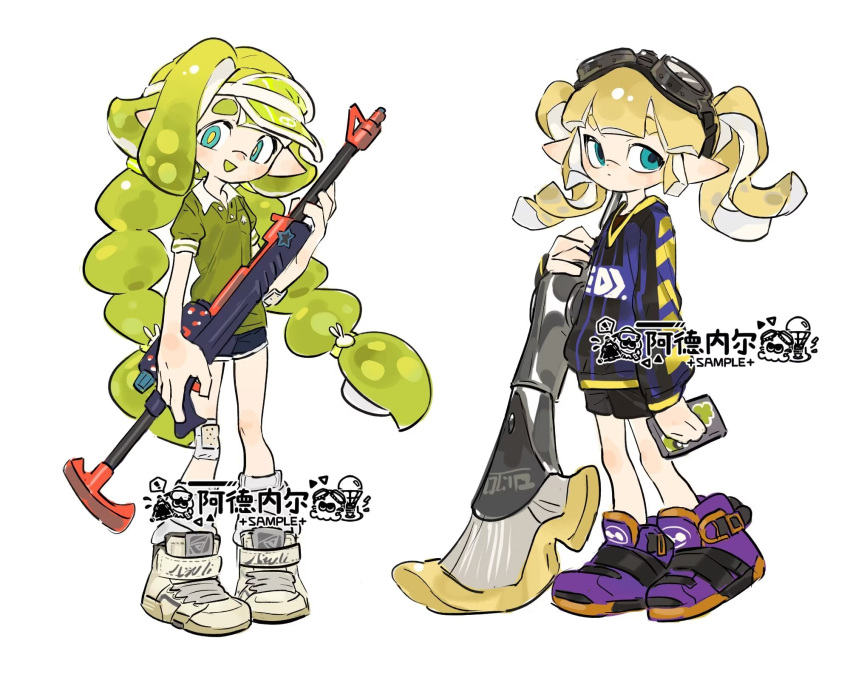 2girls :d aqua_eyes bandaid bandaid_on_knee bandaid_on_leg black_shorts blonde_hair closed_mouth commentary_request full_body goggles goggles_on_head green_hair green_shirt gun high_tops highres holding holding_gun holding_paintbrush holding_weapon inkling_girl inkling_player_character long_hair low-tied_long_hair medium_hair multiple_girls open_mouth orange_footwear painbrush_(splatoon) paintbrush pointy_ears purple_footwear shirt shoes short_shorts shorts simple_background smile sneakers soccer_uniform splat_charger_(splatoon) splatoon_(series) splatoon_3 sportswear standing tentacle_hair thick_eyebrows translation_request twintails two-tone_footwear very_long_hair visor_cap watermark weapon white_background white_footwear white_headwear www_planet yellow_pupils