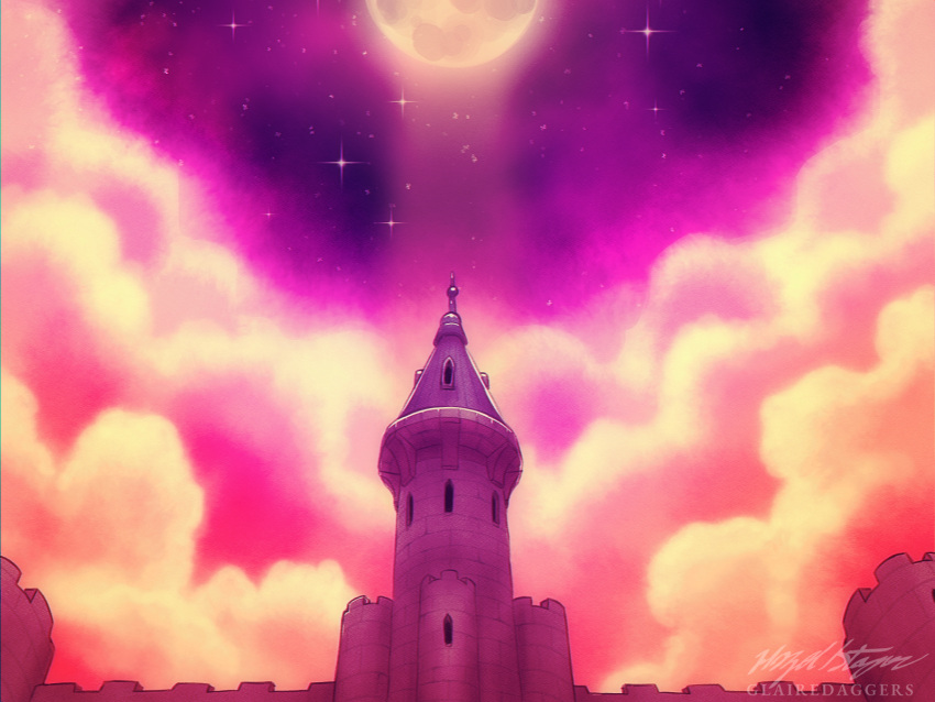 artist_name castle clouds commentary english_commentary full_moon glairedaggers highres moon night no_humans original outdoors purple_sky scenery signature sky star_(sky) starry_sky watermark wide_shot