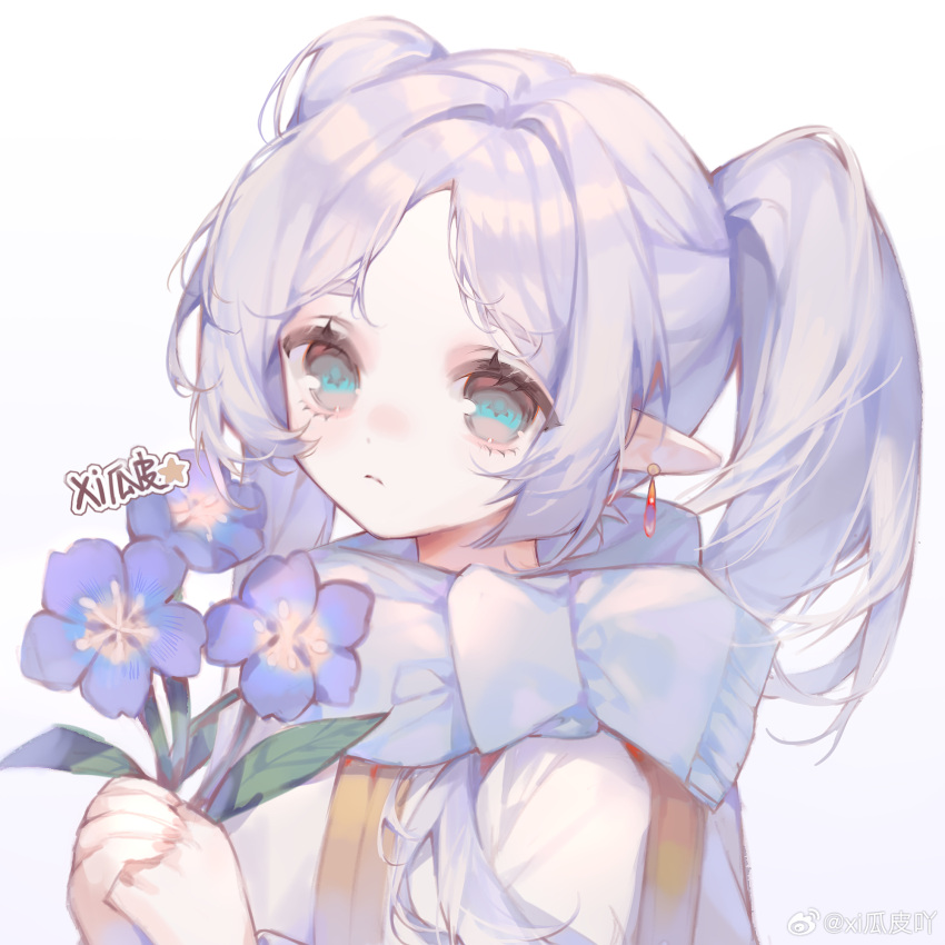 1girl artist_name blue_eyes blue_flower chinese_commentary commentary_request cupping_hands dot_nose dress drop_earrings earrings elf flower frieren frown gold_trim hair_intakes highres holding holding_flower jewelry long_hair looking_at_viewer nemophila_(flower) own_hands_together parted_bangs pink_nails pointy_ears scarf sidelocks solo sousou_no_frieren twintails upper_body weibo_logo weibo_username white_dress white_scarf xi_guapi