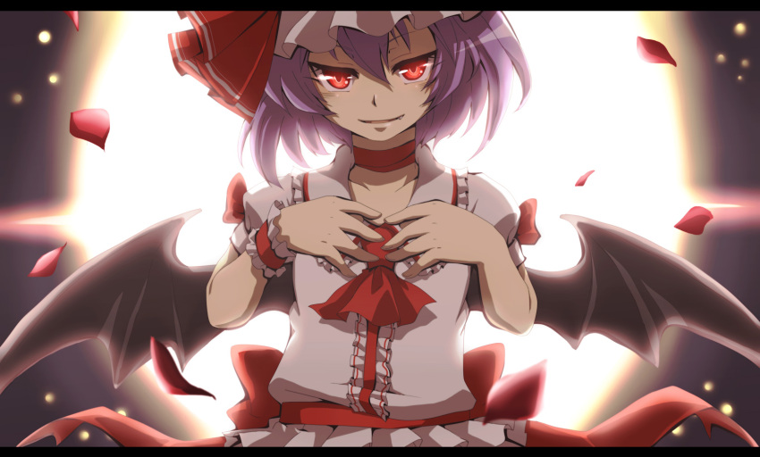 1girl ascot back_bow bat_wings bow center_frills choker collar collarbone collared_shirt commentary_request evil_smile fang frilled_collar frilled_headwear frilled_shirt frilled_wrist_cuffs frills hair_between_eyes hands_on_own_chest hat hat_ribbon highres letterboxed looking_at_viewer medium_hair nitoni petals puffy_short_sleeves puffy_sleeves purple_hair red_ascot red_bow red_choker red_eyes red_ribbon red_shirt remilia_scarlet ribbon shirt short_sleeves single_wrist_cuff smile solo touhou upper_body wings wrist_cuffs