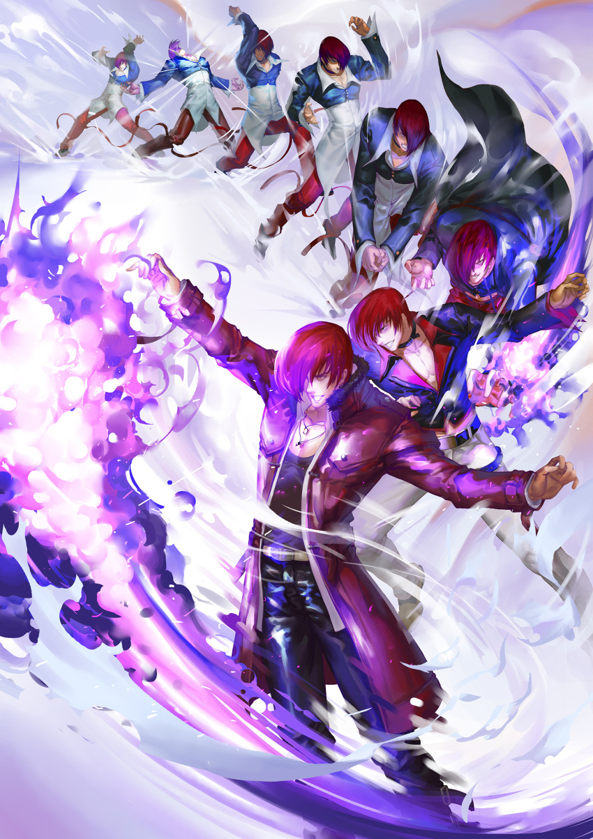1boy absurdres attack choker coat comparison eddy_huang_zheng evolution fire fur-trimmed_jacket fur_trim hair_over_one_eye highres jacket jewelry male_focus multiple_persona muscular necklace open_mouth pants pectoral_cleavage pectorals progression purple_fire pyrokinesis red_eyes red_pants redhead shirt short_hair simple_background smile snk the_king_of_fighters the_king_of_fighters_'95 the_king_of_fighters_2000 the_king_of_fighters_xiii the_king_of_fighters_xiv trench_coat unbuttoned_sleeves white_background yagami_iori