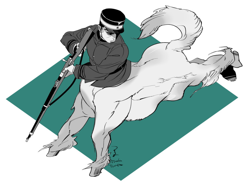 1boy artist_name centaur closed_mouth coat facial_hair full_body goatee golden_kamuy green_background greyscale_with_colored_background gun hands_up hat highres holding holding_gun holding_weapon hooves horse_tail long_sleeves looking_to_the_side male_focus military_hat military_uniform monsterification running short_hair signature simple_background tail taur tsukishima_hajime tsuruko_turuta uniform very_short_hair weapon