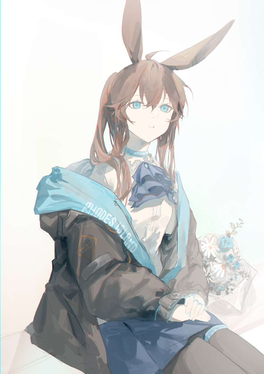 1girl absurdres ahoge amiya_(arknights) animal_ears arknights black_jacket black_pantyhose blue_eyes blue_flower blue_rose blue_skirt bouquet brown_hair commentary_request flower hair_between_eyes highres hood hood_down hooded_jacket jacket kingcraft_kingu long_hair long_sleeves off_shoulder open_clothes open_jacket own_hands_together pantyhose parted_lips pleated_skirt ponytail puffy_long_sleeves puffy_sleeves rabbit_ears rose shirt sitting skirt sleeves_past_wrists solo white_background white_flower white_shirt