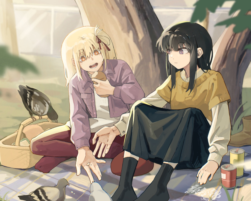 2girls bird bird_feeding black_hair black_skirt black_socks blonde_hair blurry blurry_foreground brown_sweater can chinese_commentary closed_mouth commentary_request day feeding_animal food grass hair_ribbon highres holding holding_food inoue_takina jacket long_hair long_sleeves lycoris_recoil medium_hair multiple_girls nishikigi_chisato no_shoes one_side_up open_mouth orange_eyes outdoors pantyhose picnic picnic_basket pigeon purple_jacket red_pantyhose red_ribbon ribbon shirt shoes sitting skirt socks sweater tree unworn_shoes violet_eyes white_shirt yanlingjinshilihuahua