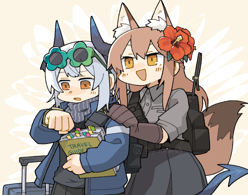 2girls animal_ear_fluff animal_ears arknights backpack bag black_shirt blue_jacket blush book bookmark brown_gloves brown_hair chibi commentary_request cowboy_shot demon_girl demon_horns demon_tail excited eyewear_on_head flower flower-shaped_eyewear fox_ears fox_girl fox_tail franka_(arknights) gloves grey_hair grey_shirt hair_flower hair_ornament hibiscus highres holding holding_book horns jacket konno_akikaze liskarm_(arknights) long_hair looking_down multiple_girls nervous open_mouth orange_eyes red_flower shirt short_hair simple_background smile suitcase sunglasses tail twitter_username watch watch yellow_background yellow_eyes