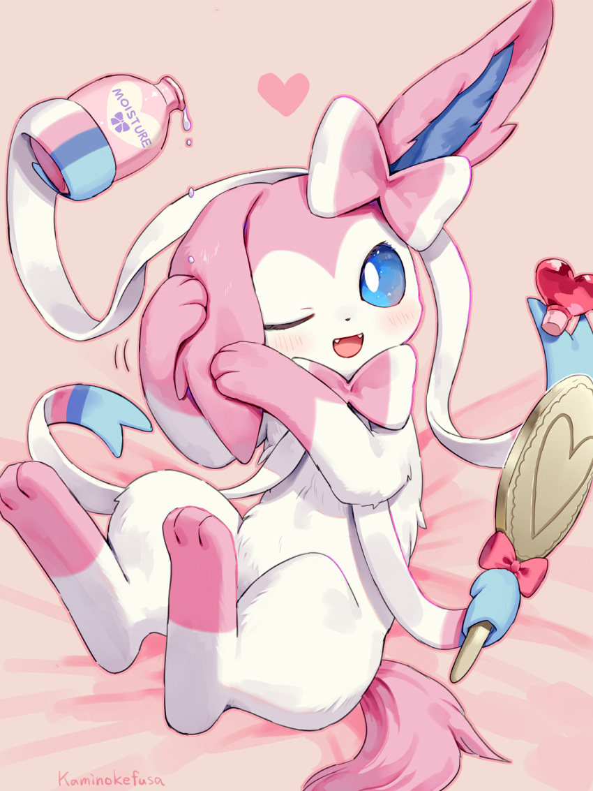 ;d artist_name blue_eyes blush bottle bow bright_pupils commentary_request dripping fangs hair_brush heart highres holding holding_bottle holding_hair_brush kaminokefusa looking_at_viewer lotion lotion_bottle lying no_humans on_back one_eye_closed open_mouth pink_background pink_bow pokemon pokemon_(creature) rubbing_ears simple_background smile solo sylveon white_pupils