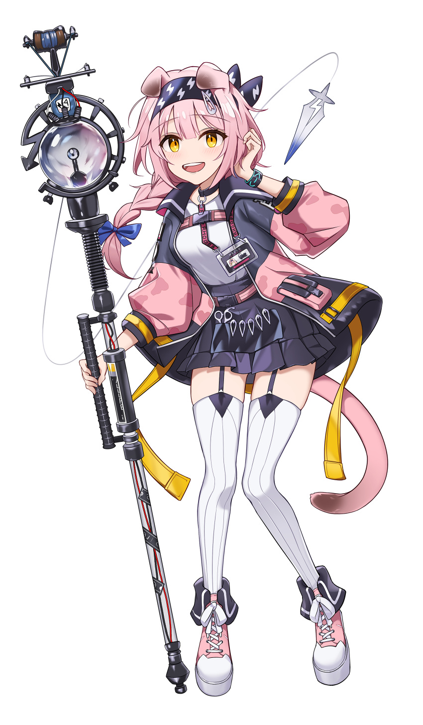 1girl absurdres animal_ears arknights black_hairband black_jacket black_skirt cat_ears cat_girl cat_tail floppy_ears full_body goldenglow_(arknights) hairband highres holding holding_weapon id_card jacket lightning_bolt_print long_hair looking_at_viewer multicolored_clothes multicolored_jacket open_mouth pink_footwear pink_hair pink_jacket print_hairband scottish_fold shirt simple_background skirt solo standing tail thigh-highs two-tone_jacket weapon white_background white_shirt white_thighhighs yellow_eyes yeong_r6