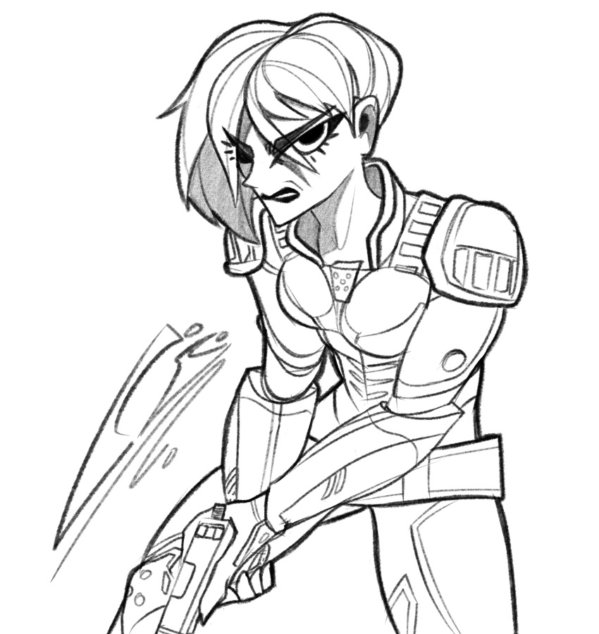 1girl absurdres angry belt bent_over biting_own_lip breasts donii13865126 elbow_gloves gloves gun handgun highres holding holding_gun holding_weapon lineart lips long_eyelashes monochrome neck short_hair small_breasts spread_legs standing tamora_jean_calhoun weapon wreck-it_ralph