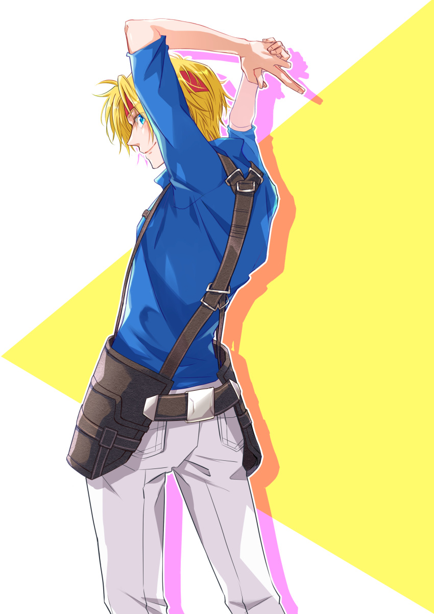 19670615t 1boy absurdres alternate_costume blonde_hair blue_eyes claude_kenni closed_mouth denim headband highres index_finger_raised looking_at_viewer male_focus pants short_hair smile solo star_ocean star_ocean_the_second_story